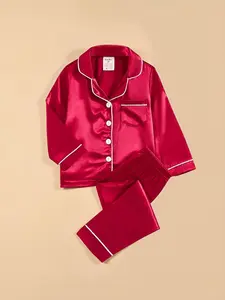 Satin Pajamas Set, Long Sleeve & Pants, Plain Woven Fabric, Casual Summer Sleepwear for Boys & Girls, Snug Fit Pajamas, Fitted Style, Pajama Lounge Sets