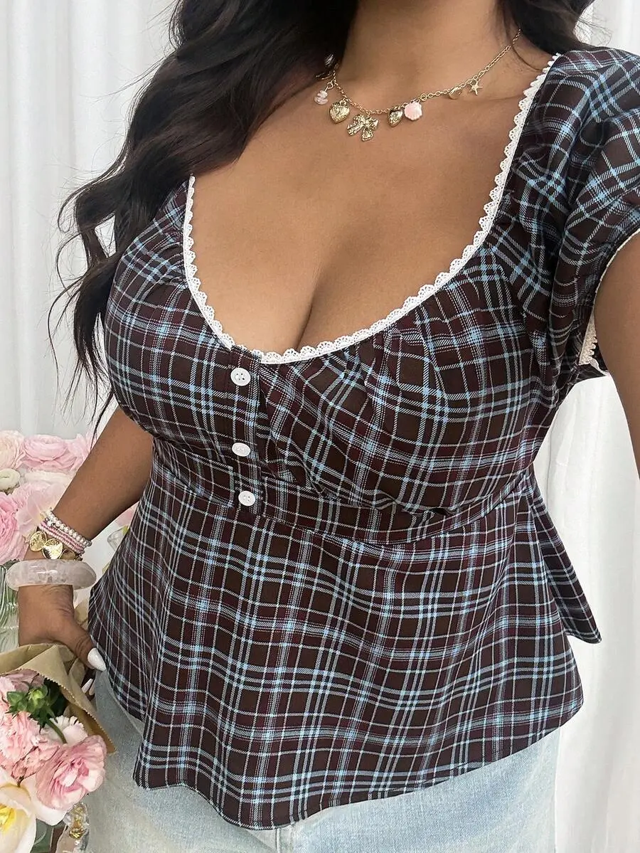 Plus Size Casual Plaid Short Sleeve Shirt,Blue And White,Summer,1920s Flapper,Everyday,Chic Y2k Business Party Wedding Beach Fashion Top