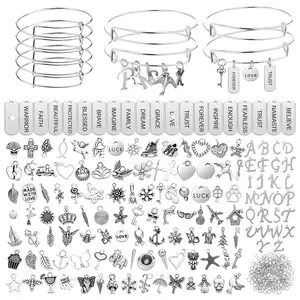 366pcs Silvery Expandable Bracelet Charms Bracelet DIY Kit, 20pcs Adjustable Wire Bracelets, 146pcs Antique Silvery Charm Pendants, 200pcs Open Hoop Jewelry Making Bracelets Necklaces Earrings Christmas Gifts For Women Metal Handicraft