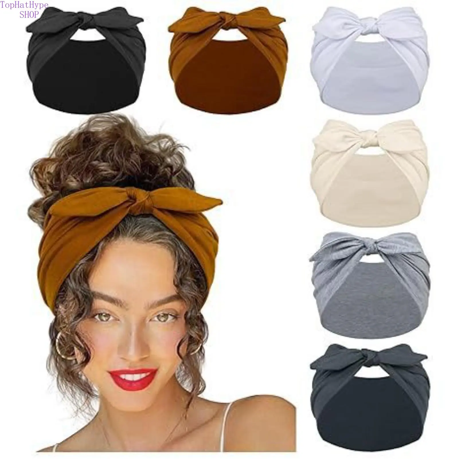 Women's 6-Pack Solid Color Knotted Bunny Ear Bowknot Headbands, Stretchy Elastic Anti-Sweat Non-Slip Breathable Gym Hair Wraps, Assorted Hair Accessories for Yoga, Daily Wear, Stretchy Headbands, Gym Headbands Women