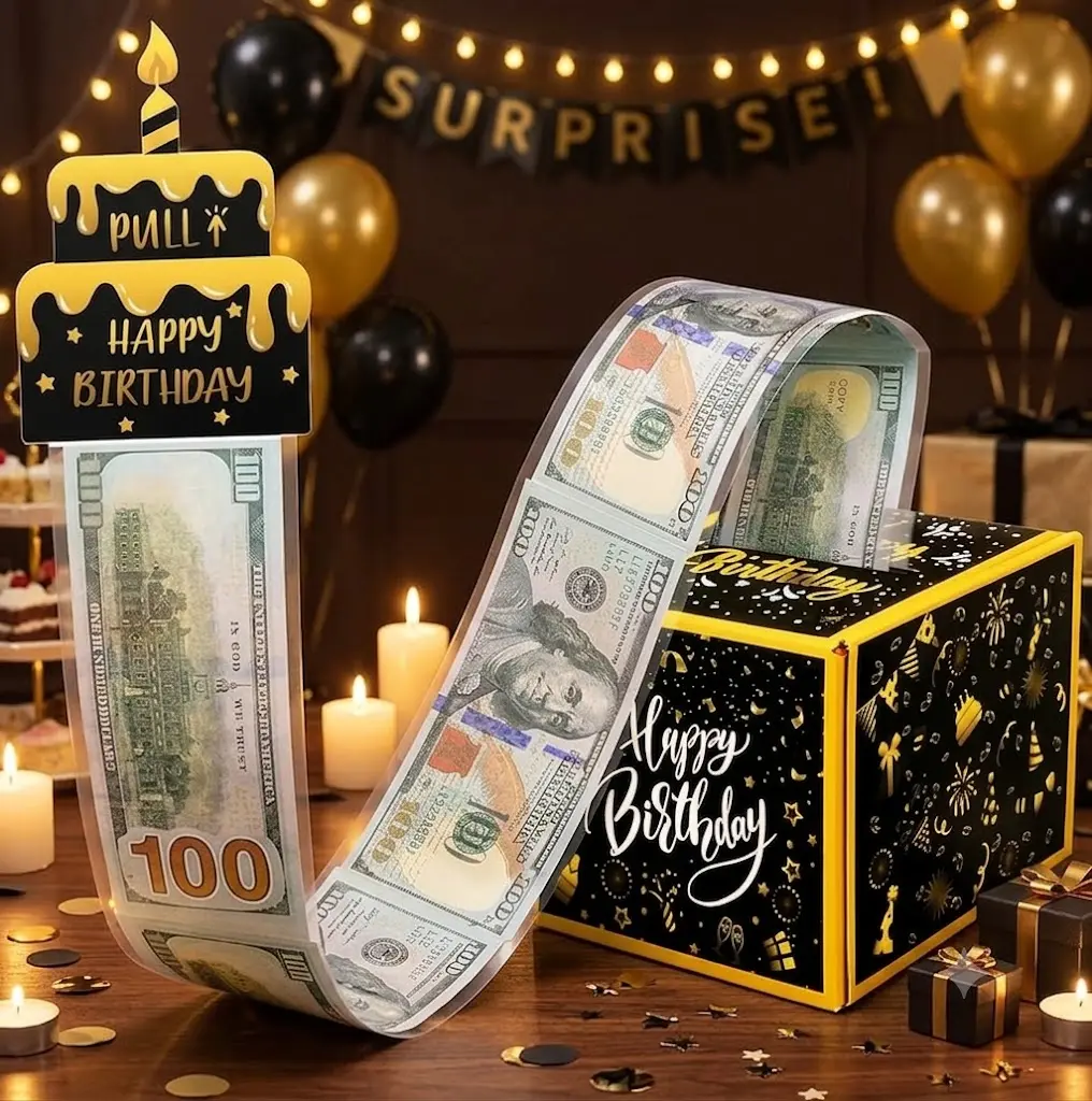 Birthday Money Box for Cash Gift Pull, Surprise Gift Boxes for Money, Money Holder Box with Pull Out Happy Birthday Card and 50Pcs Transparent Bags, Money Gift Ideas for Kids and Adults