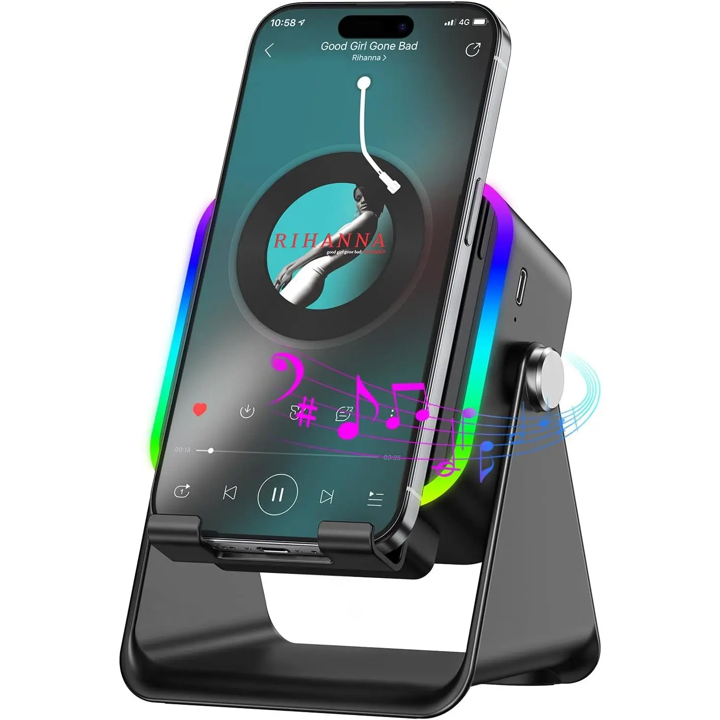 5-in-1 Portable Wireless Speaker, Wireless Induction Bluetooth Speaker with 360° Adjustable Holder, Phone Stand, 3500mAh Rechargeable Battery, 8 RGB Ambient Lights, Stereo Sound for iPhone/Android/iPad, Gifts for Men (Black), Wireless Speakers