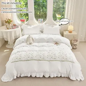 Elegant Embroidered Bedding Set 3 Piece, Includes Fitted Sheet & Pillowcases (no Core), Ruffled Zippered Coverlet, Easy Wash, All Seasons Use, Bedroom Bedding Set