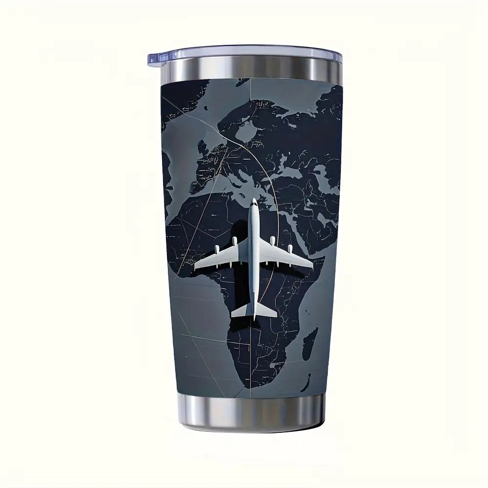 Stainless Steel Tumbler with Airplane Map Design, 20oz Slim Shape Casual Coffee Cup for Travelers, Double Wall Insulated with Lid for Indoor & Outdoor Adventures, Print, Leak-Proof, Travel Must Haves, Adults, Slim Design
