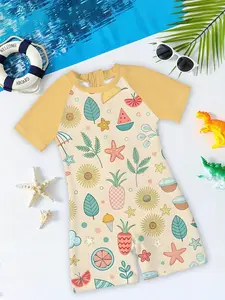 Boys' one-piece swimsuit "Summer Fruit Fun New Summer Style" with light yellow raglan sleeves + tropical fruit prints, refreshing and eye-catching, instantly creating a full summer pool/beach water-play atmosphere~