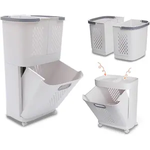 2 Tier Rolling Laundry Hamper Sorter, 3 Removable Laundry Basket Cart with Wheels and Handle, Portable Storage Baskets for Kitchens, Bathrooms, Bedrooms and Laundry Rooms
