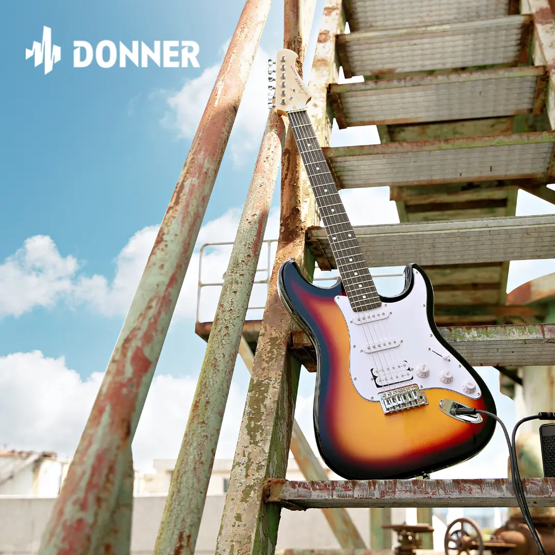 Donner DST-100 39-Inch Full Size Solid Basswood Body Electric Guitar Pack, HSS Pickup Beginner Set for Rock Music with Warm Mini Amplifier, Guitar Strap, Batteries