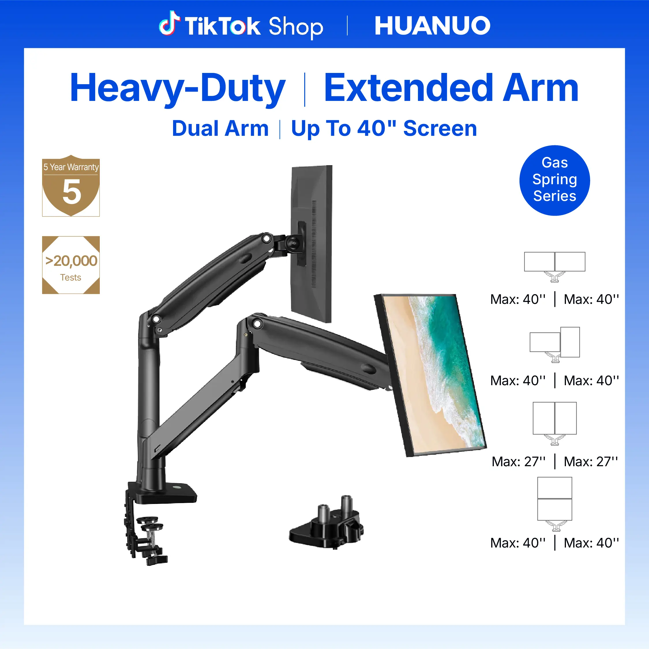 HUANUO Dual Arm Monitor Desk Mount for 13-35'' VESA Screens, Extended Arm, Height Adjustment, USB Port, Heavy-Duty Gas Spring, Holds 2 Desktop Monitors Up to 28.4lbs