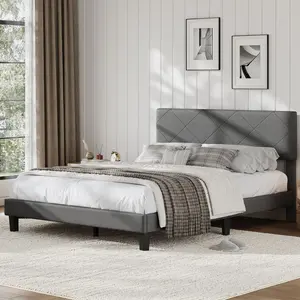 King Size Bed Frame, Linen Upholstered Headboard, Wooden Slat Support, No Box Spring Needed, Noise Free, Easy Assembly, Dark Grey