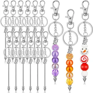 Set of 12 Bead Key Chains, DIY Keychain Pendant Making Materials,Silvery Metal Bead Keychain Blank Chains for Beaded Keyrings, Link Bars, Handmade DIY Bead Keychains