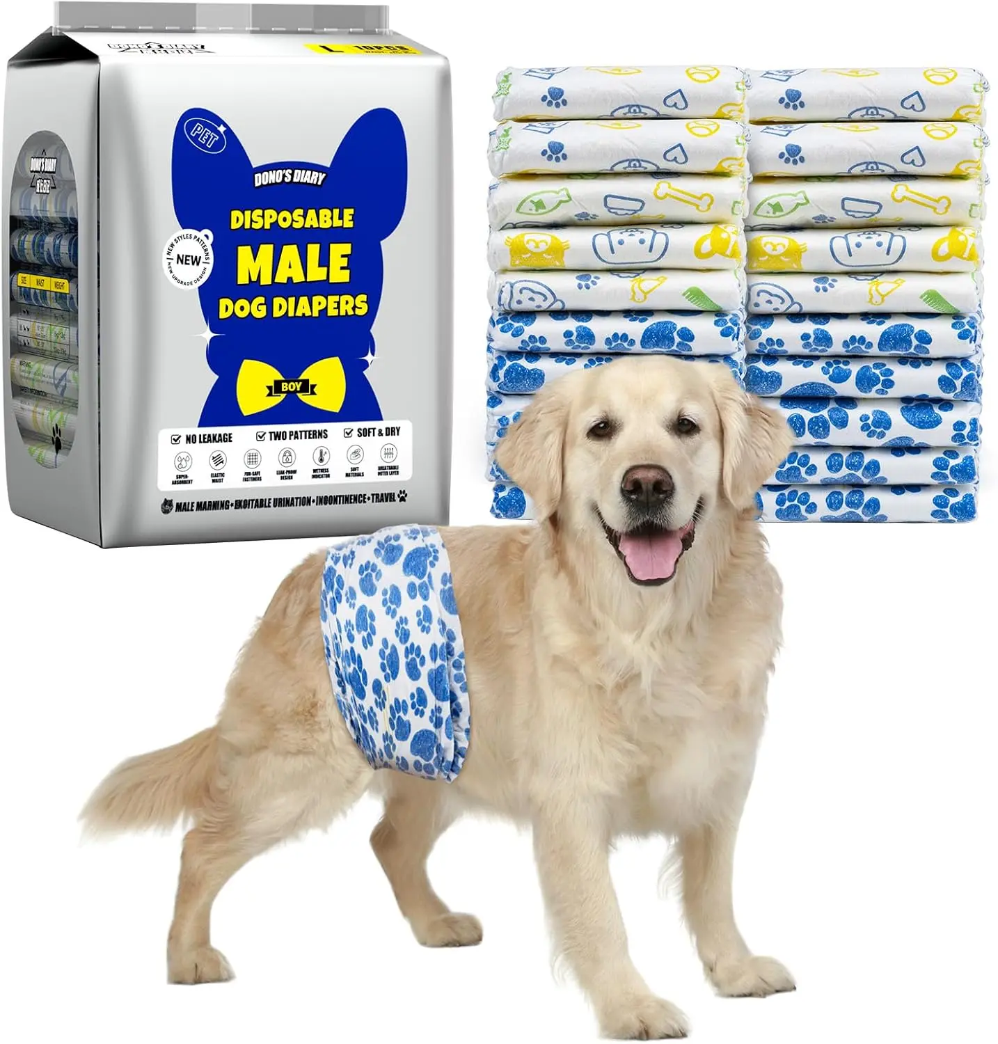 Dono Disposable Male Dog Diapers - Leak-Proof Belly Wraps, Wetness Indicator, Rapid-Dry Gel, Cute Cartoon Design, 24-Count Packs, Pet Training & Incontinence Supplies (X-Small to Large)