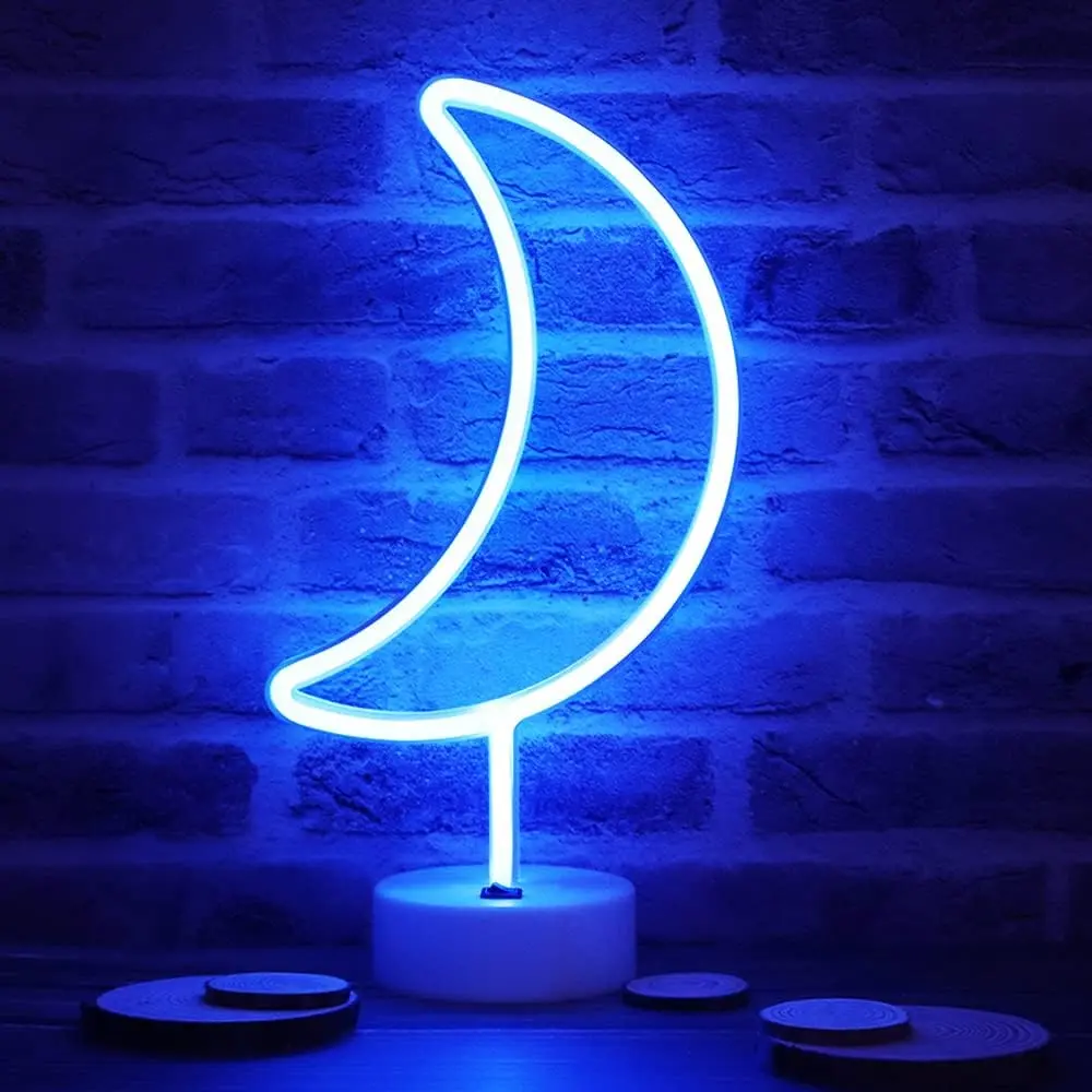 Blue LED Crescent Moon Decorative Light with Holder Base - 6 Colors Neon Mood Lighting, All-Battery-Operated Novelty Decor, Home Accent, Children’s Gift