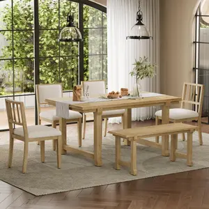 6-Piece Farmhouse Dining Table Set for 6 with Dual Style Chairs & Bench