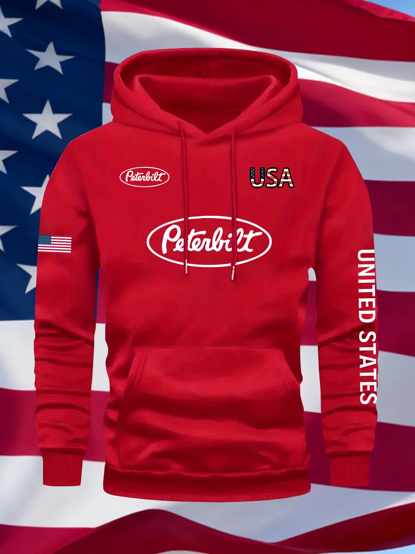 Men's Fall Winter Trendy Peterbilt Usa Graphic Print Long Sleeve Hoodie, Casual Fitted Hooded Sweatshirt, Casual Streetwear Sweatshirt, Drawstring Pocket Design, United States Geometric Pattern