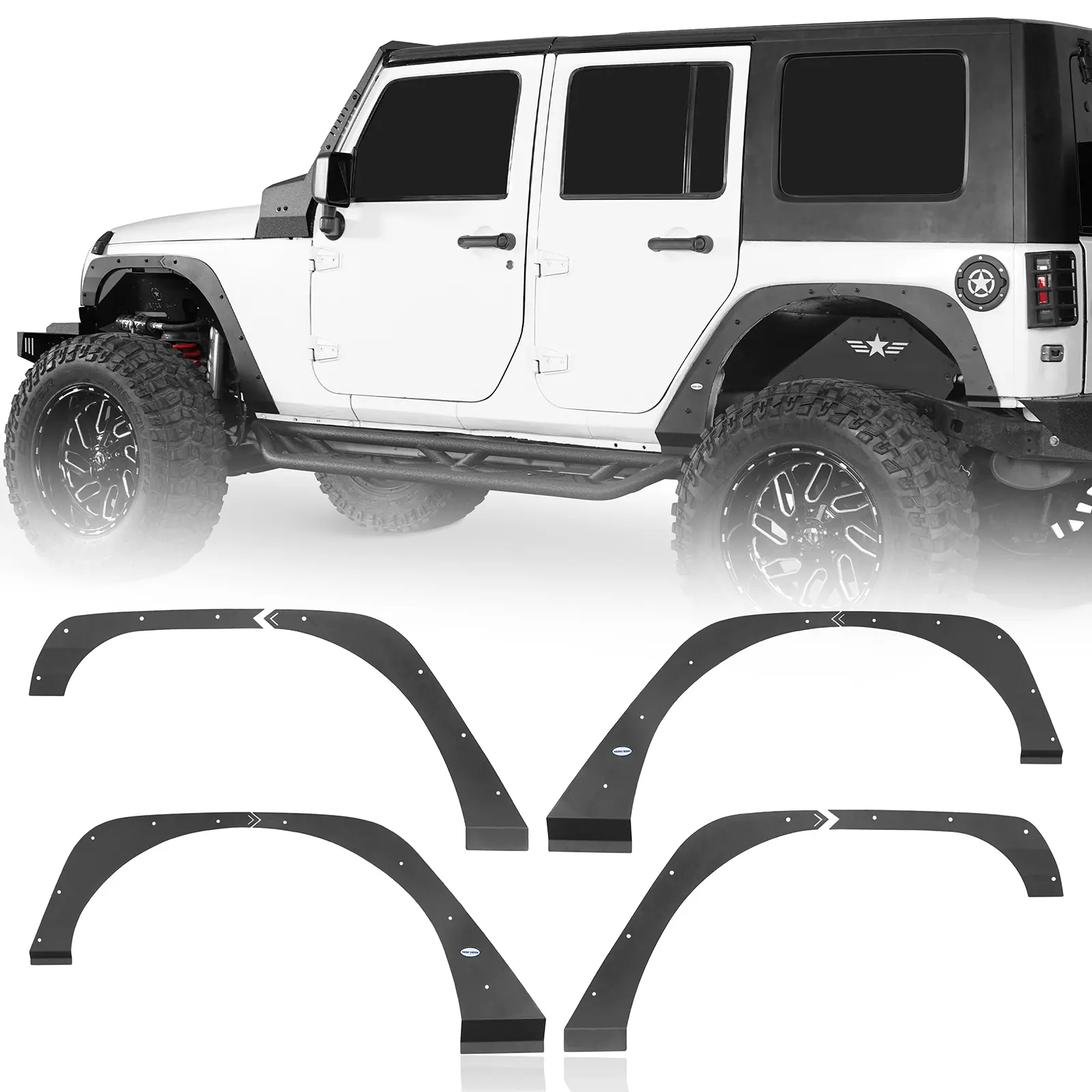 Hooke Road Heavy-Duty 14-Gauge Steel Front & Rear Fender Flare Kit with 4 Deletes for 2007-2018 Jeep Wrangler JK, Automotive Mud Flaps & Splash Guards, Car Exterior Accessories, Mounting Hardware & Instructions, About 15 lbs, Accessories for Car