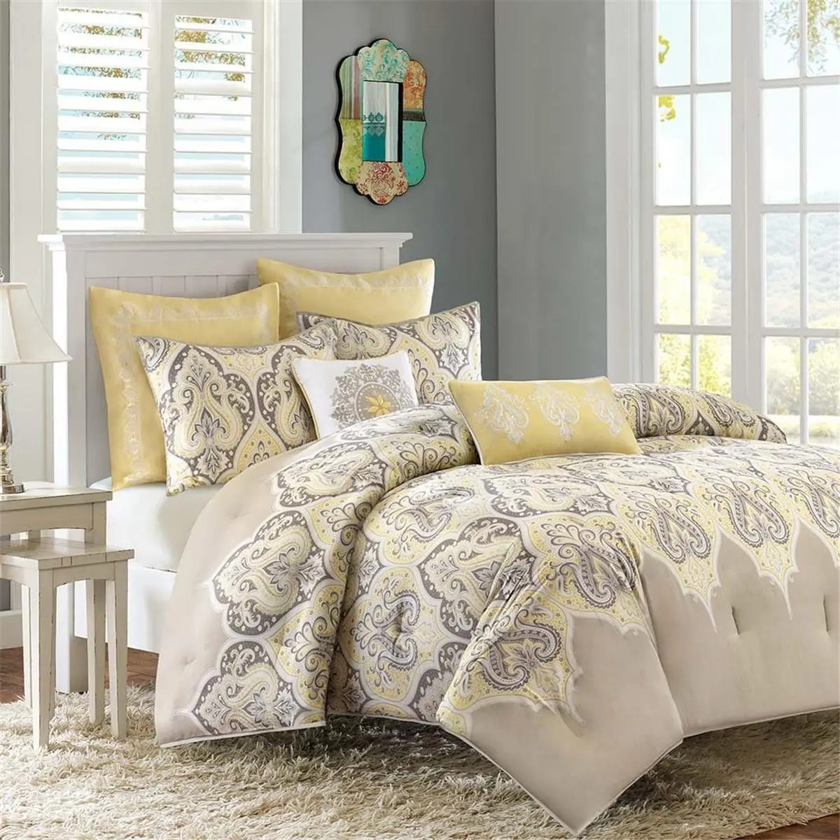 Madison Park Nisha 7-Piece 100% Poly Microfibre Comforter Set - Full & Queen, Yellow, Modern Beautiful Patterns Bedding Sets Collections, Soft, Machine Washable, 100% Poly Bedding Sets Collections