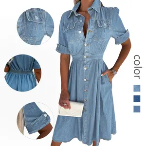Women's Fashion Denim Midi Dress with Collar and Buttons