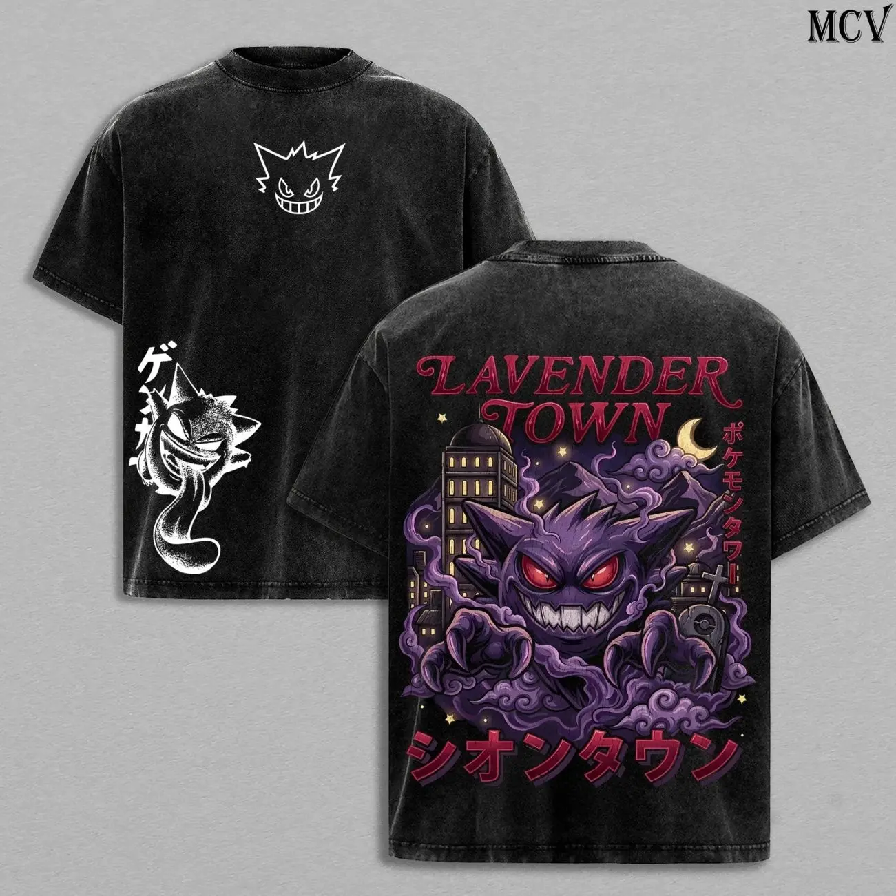 Retro 90s Gengar Ghost Lavender Town Legend Anime Vintage Washed Tee Unisex Oversize Anime Manga Washed Heavyweight Cotton T-shirt, Gift For Anime Fan Lover T65