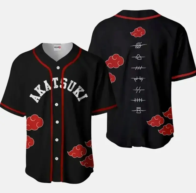 Anime Baseball Jersey, Premium Button Up Streetwear Shirt with Red Clouds and Slashed Headband Symbols, Soft Breathable Polyester, Perfect Gift for Otaku & Cosplay Fans