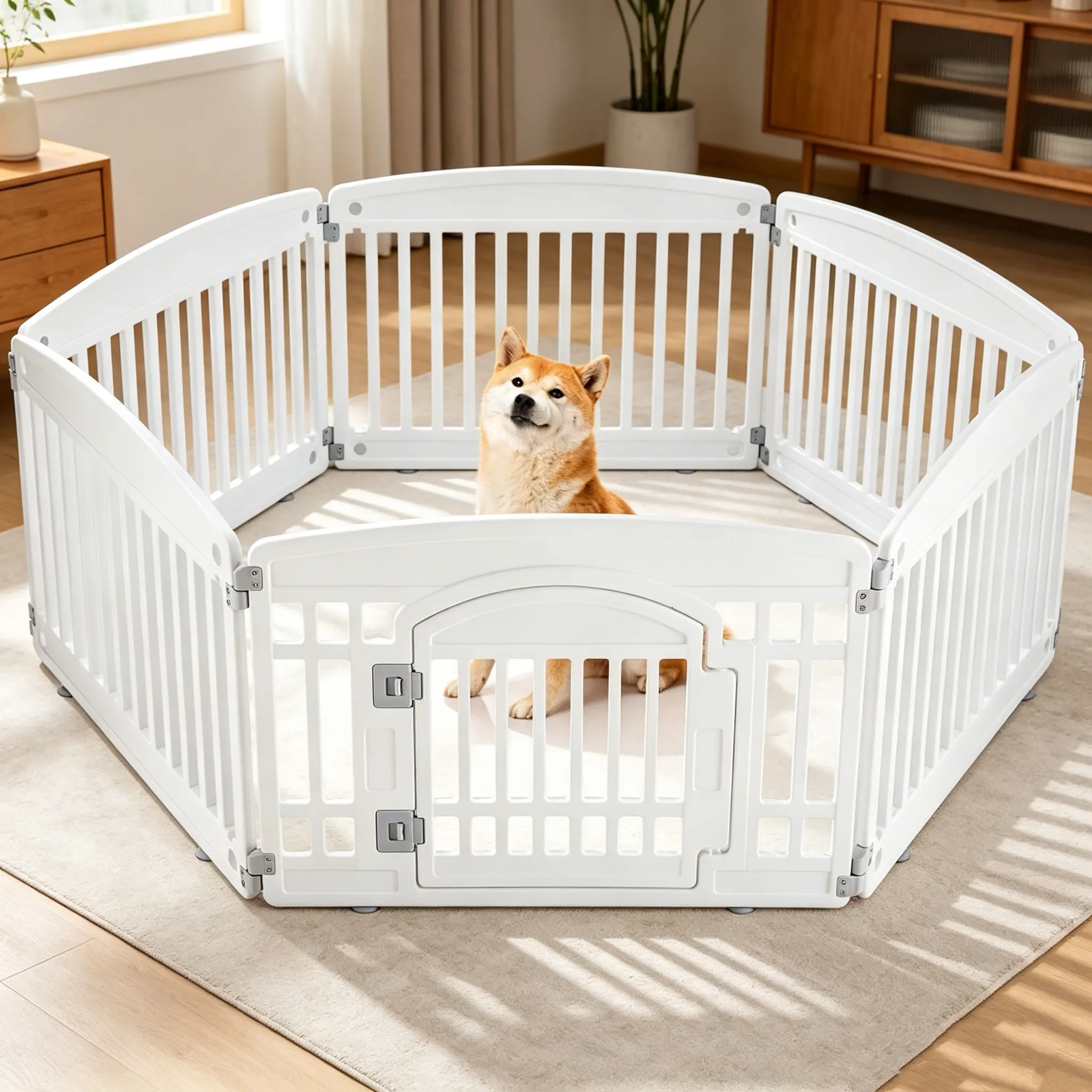 Portable Dog Playpen Enclosure - 24" Tall 4/6-Panel Expandable Pet Fence, Locking Door, Non-Toxic Plastic, Rounded Corners, Easy-Clean, Folds Flat, Indoor/Outdoor Use for Small-Medium Dogs, White Exercise Puppy Playpen