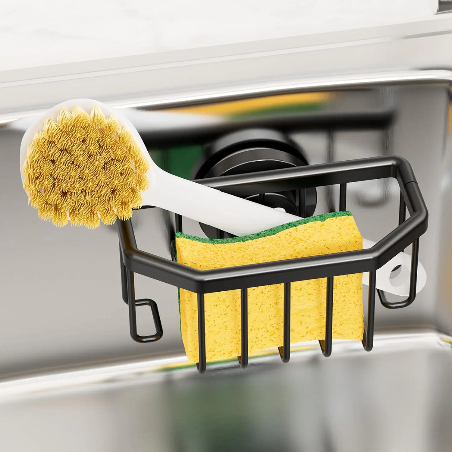 TAILI Sponge Holder with Strong Suction Cup, Dish Sponge Caddy Inside Sink Removable, Rustproof Aluminum for Sponges, Brushes, Stoppers and Scrapers - Black