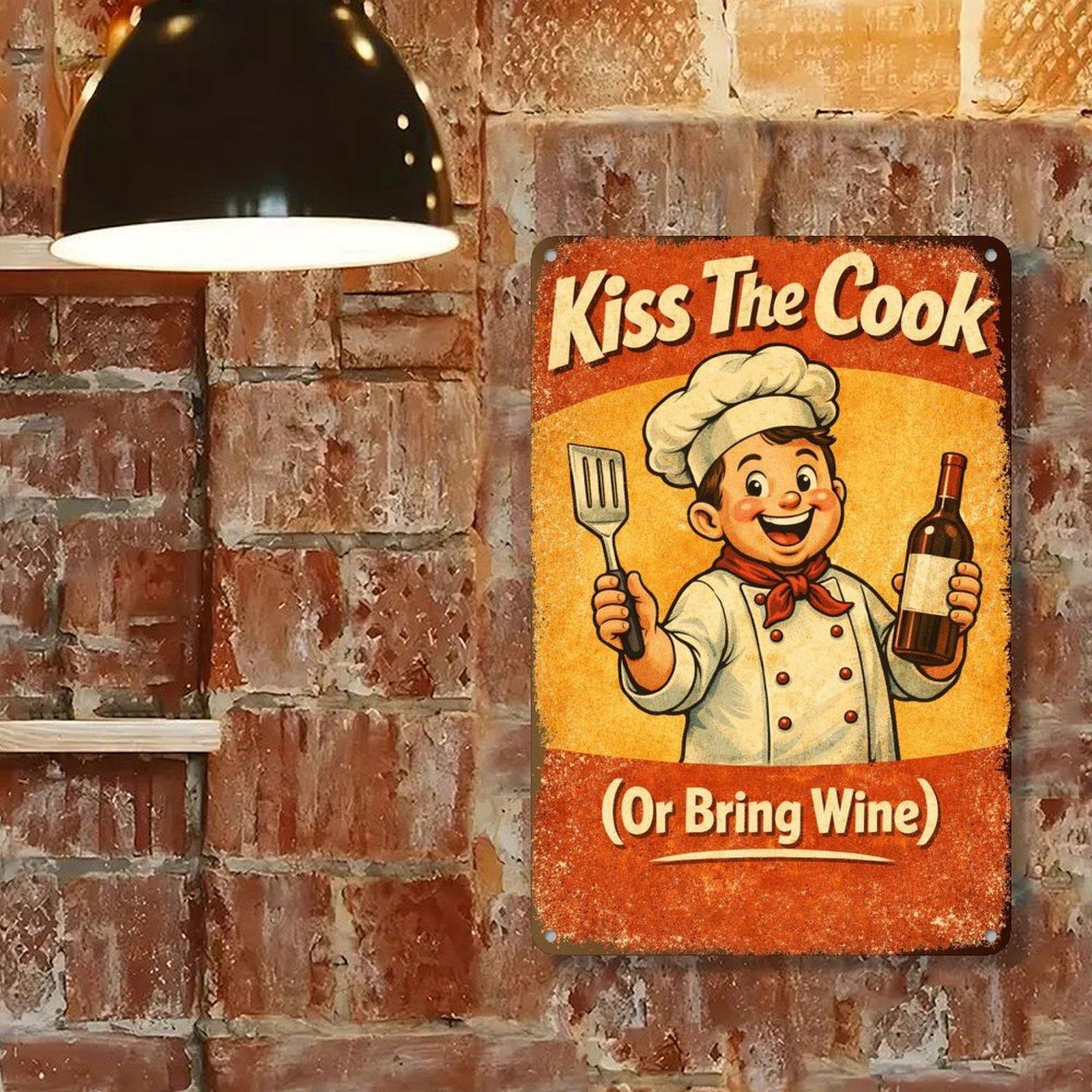 Funny Kitchen Metal Sign 8x12 Inch Vintage Retro Wall Decor “Kiss The Cook Or Bring Wine” Rustic Kitchen Gift for Home