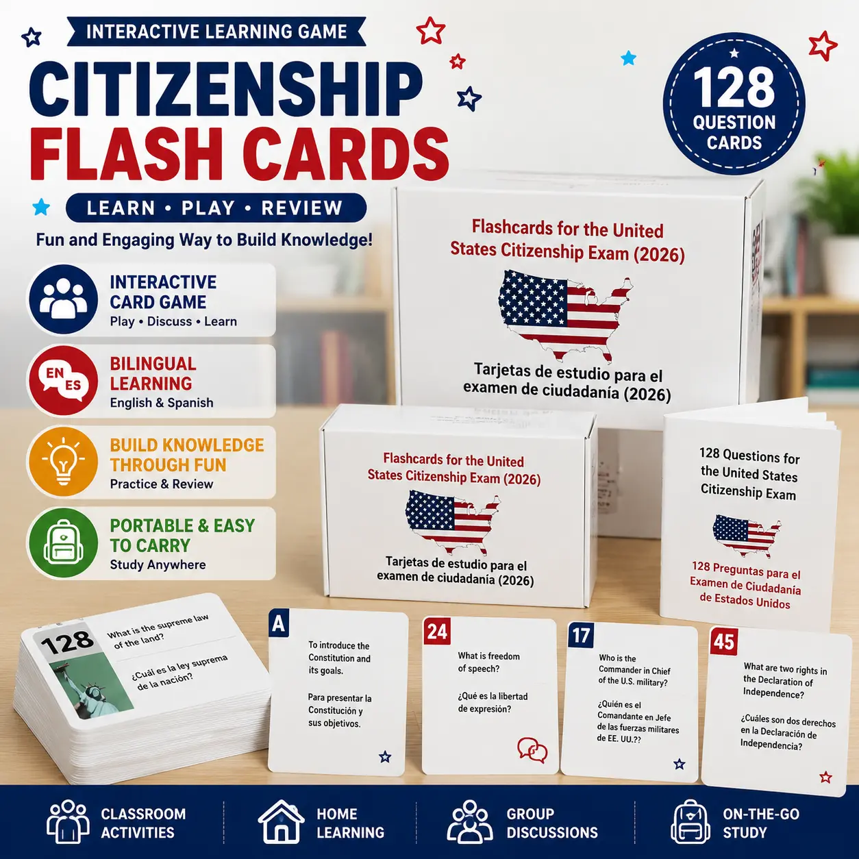 Citizenship Learning Flash Cards - 128 Civics Question Cards, English Spanish Study Cards, Educational Card Game