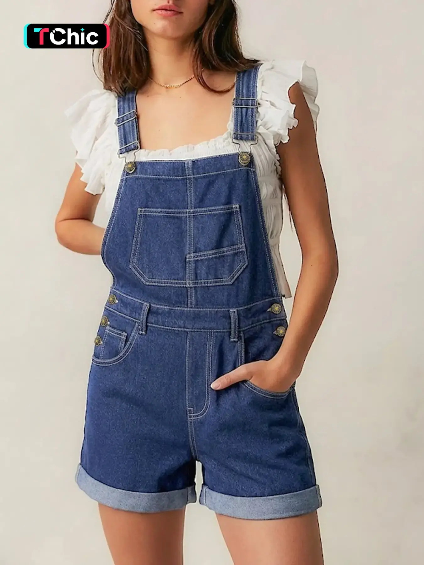 GILIPUR Women's Dark Blue Washed Denim Cargo Short Overalls Belt, Adjustable Straps Loose Fit Bib Romper with Multi Pockets Rolled Hem, Basic Casual Vintage Streetwear Summer Beach Vacation Daily Outfits for Women TChic
