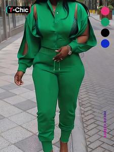 women's solid cut out button front crop top & drawstring pants set, chic fashion casual drop shoulder long sleeve jacket & high waist trousers, matching sets, women's clothing for spring & fall, going out 2 piece set, womenswear