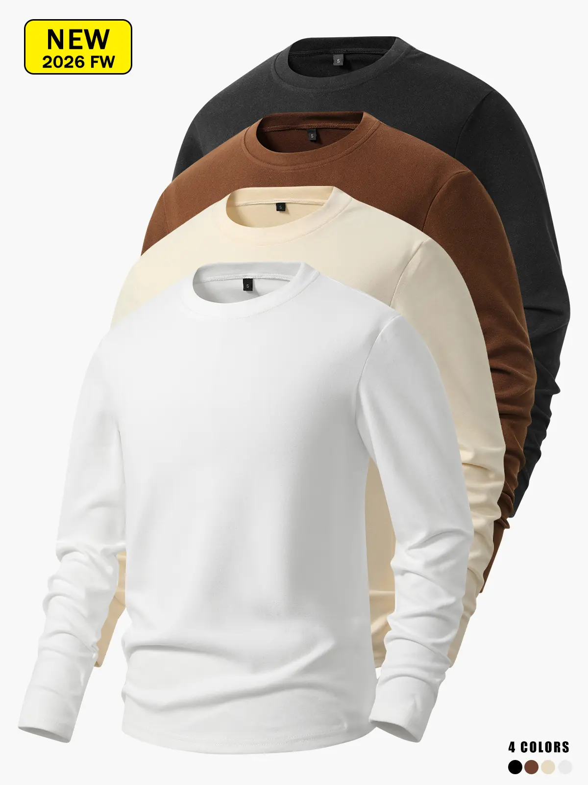 Men’s crewneck thermal fleece long-sleeve sweatshirt, solid color casual inner layer, soft base layer