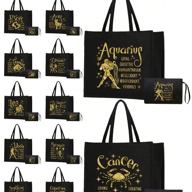 Golden Patterned Reusable Tote Bag, Creative Design Bag, Versatile Tote Bag, Embellished Tote, Sensational Tote, And Small Bag With Twelve Zodiac Signs, Astrological Elements, Personalized Gift Package, Birthday Present, Thanksgiving Gift, Casual Tote Bag