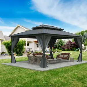 12x16FT Double Metal Roof Hardtop Gazebo, Sturdy Aluminum & Steel Frame Pavilion, Equipped with Curtains and Mesh Netting, All Weather Outdoor Leisure Canopy for Patio Lawn Garden Backyard summervibes summergarden