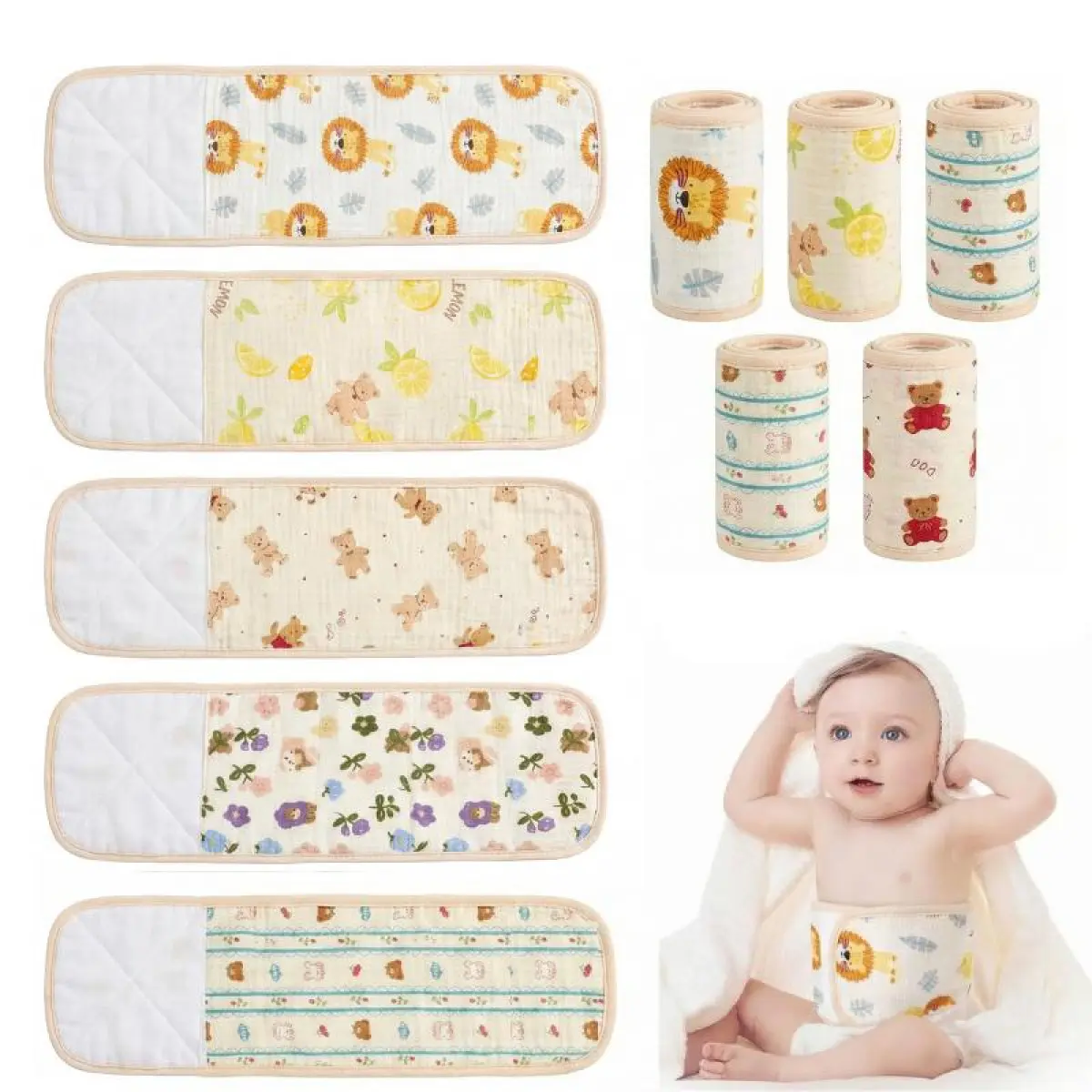 5-Pack Infant Belly Bands for Newborns, Soft Cotton Umbilical Cord Belly Wraps, Breathable Navel Protection Bands with Cartoon Animal Designs for Daily Care 0–12 Months