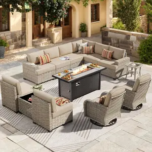 POUUIN Modern 13-Piece Wicker Outdoor Sectional Set, L-Shaped Extra-Deep Couch Conversation Set with Firepit Table, Swivel Rocking Chairs