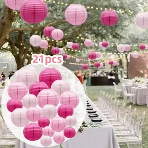 21 pcs Paper Lanterns Pink Hanging Round Lanterns Decor, Decorative Indoor Outdoor Hanging Lanterns fo Wedding Birthday Graduation Party Decorations [Party Supplies]