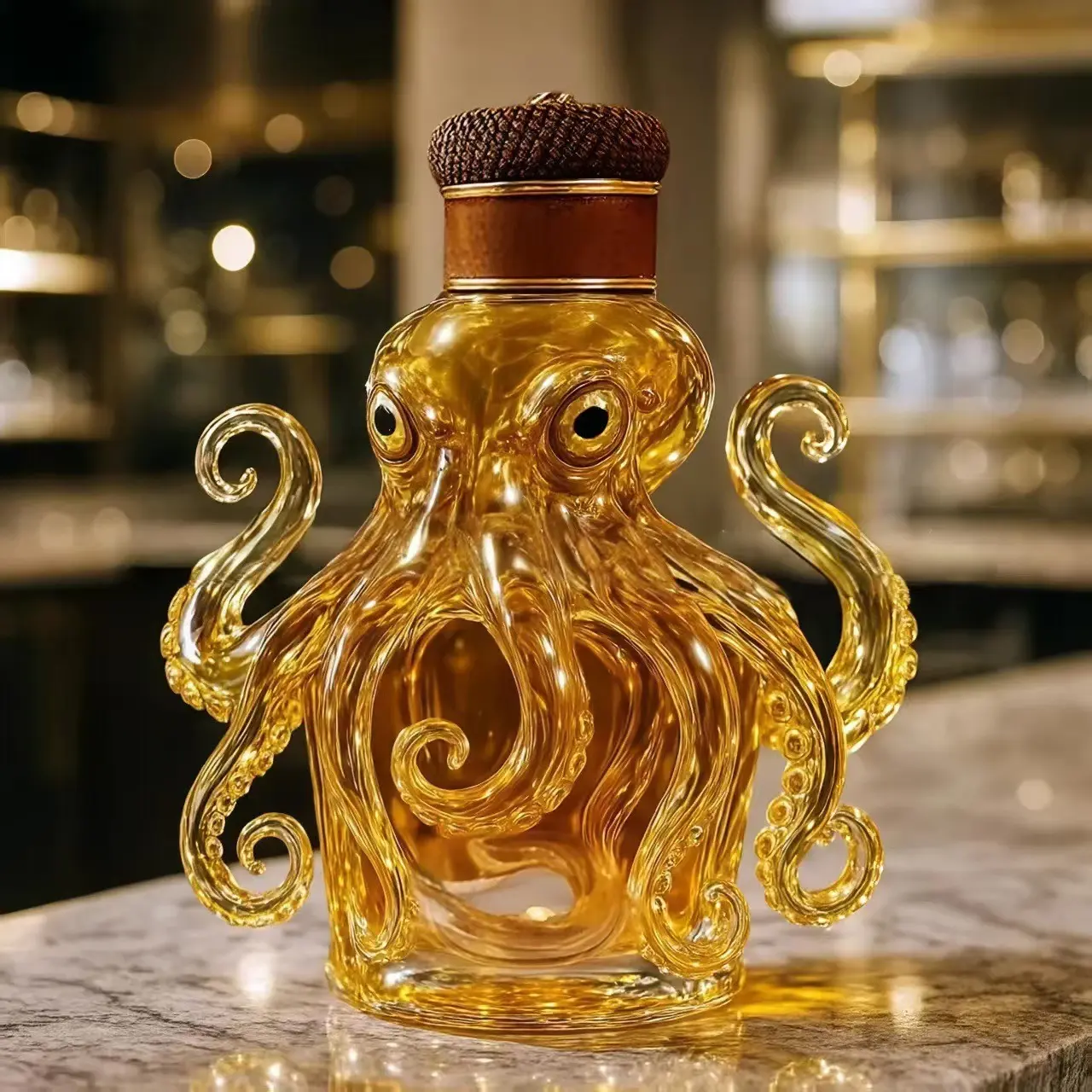 Gift for Father  Octopus Shaped Clear Glass Liquor Decanter with Natural Cork Stopper, Unique Nautical Whiskey Wine Bottle, Decorative Home Bar Tabletop Decor Beverage Storage Jar