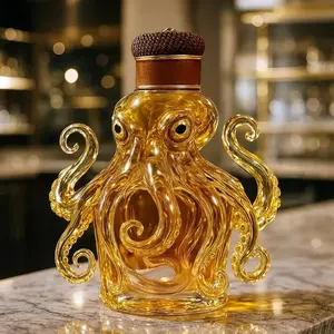 Octopus Shaped Clear Glass Liquor Decanter with Natural Cork Stopper, Unique Nautical Whiskey Wine Bottle, Decorative Home Bar Tabletop Decor Beverage Storage Jar