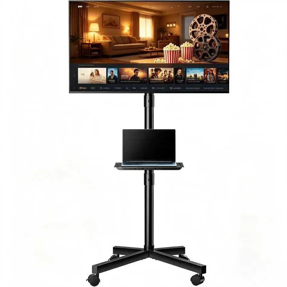 Mobile Rolling TV Cart Stand with AV Media Shelf & Rolling Base, Height-Adjustable Tiltable Floor Stand for 23–60 Inch TVs/Monitors, 66 LBS Heavy Duty Lockable Casters for Home Gym Workouts & Office