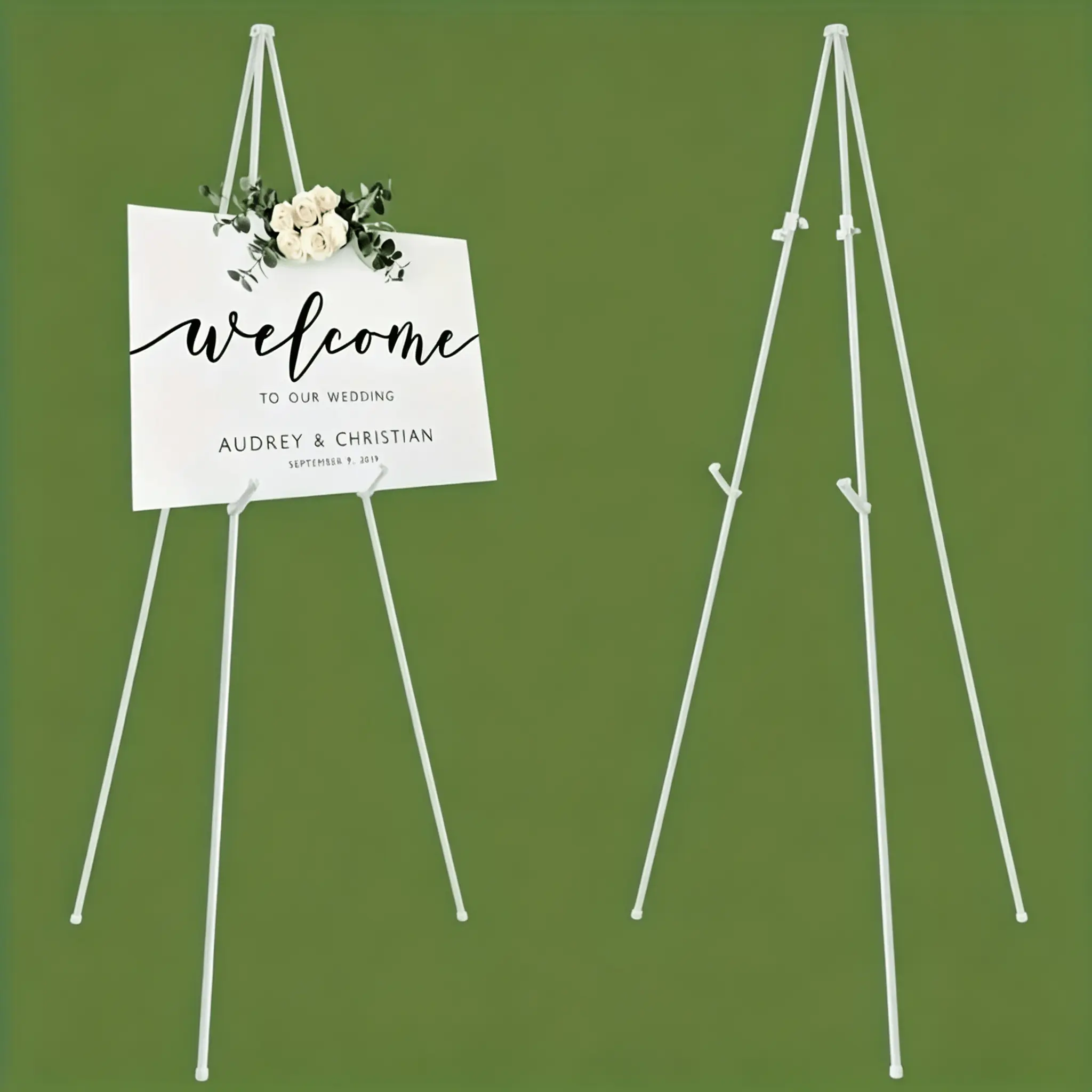 Adjustable Foldable Metal Tripod Easel Stand - Sliding Height Clips, Anti-Scratch Rubber ft, 37cm Compact Storage Floor Sign Holder for Wedding Welcome Board, Art Canvas, Matte White/Black Options, Minimalist, Iron