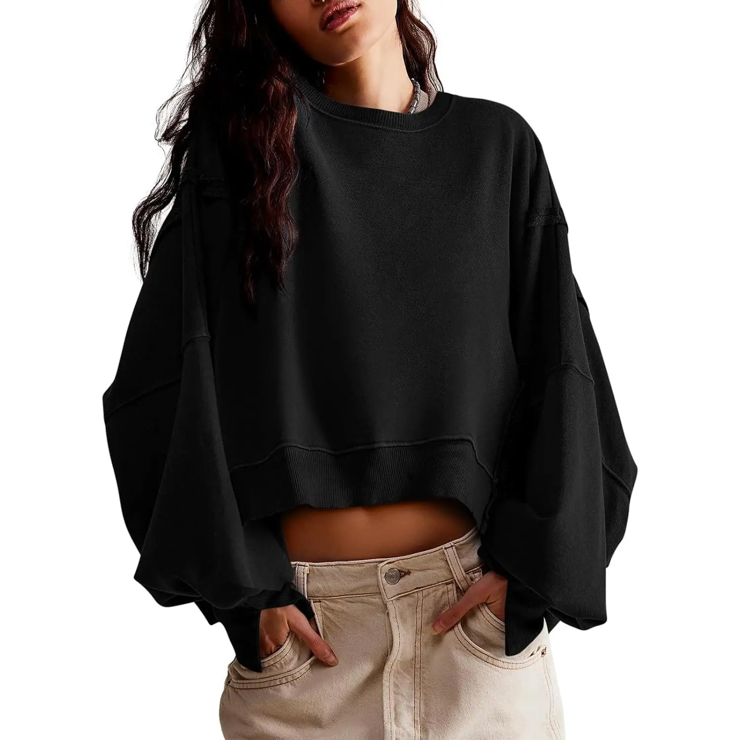 Womens Casual Sweatshirt Long Sleeve Tops Crewneck Loose Fit Tee Pullover Crop Tshirt Side Slit Fall Fashion 2025,back to school,back to school shopping,clothes for back to school,first day of school outfits