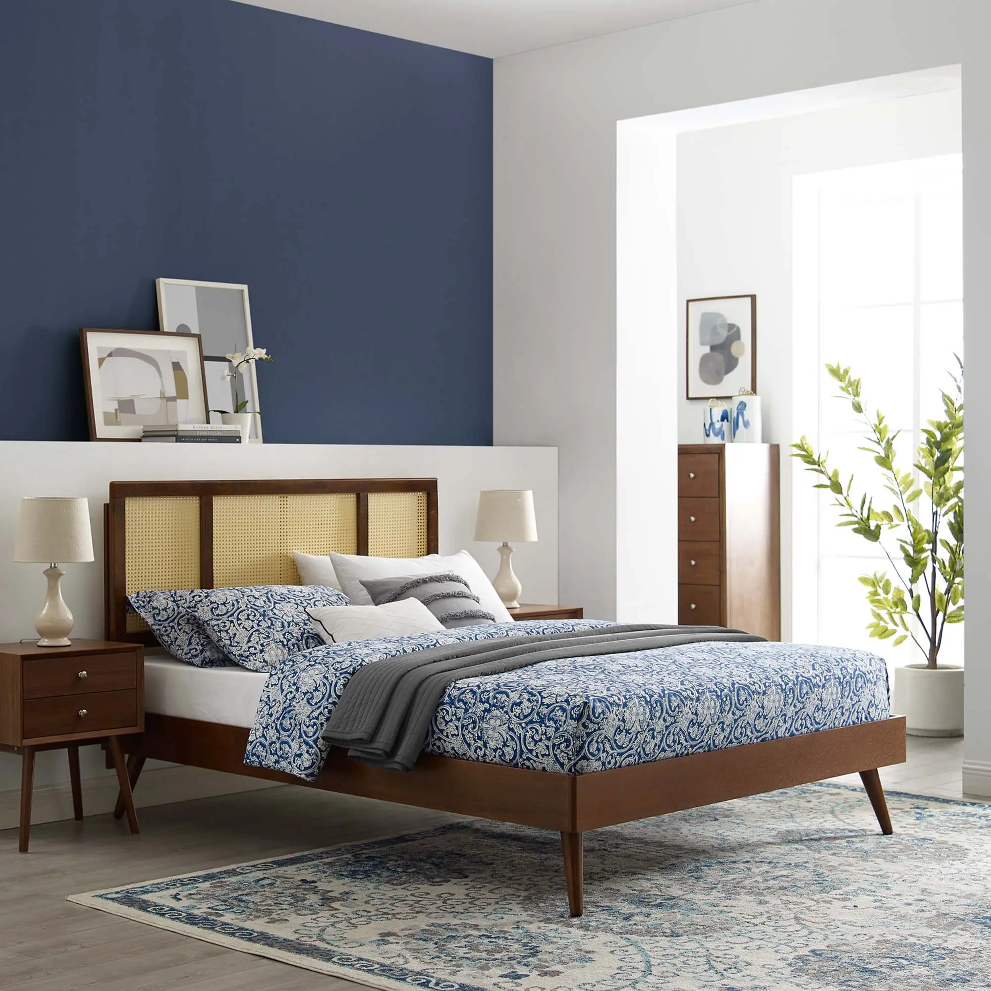 Modway Kelsea Cane and Wood Full Platform Bed With Splayed Legs in Walnut