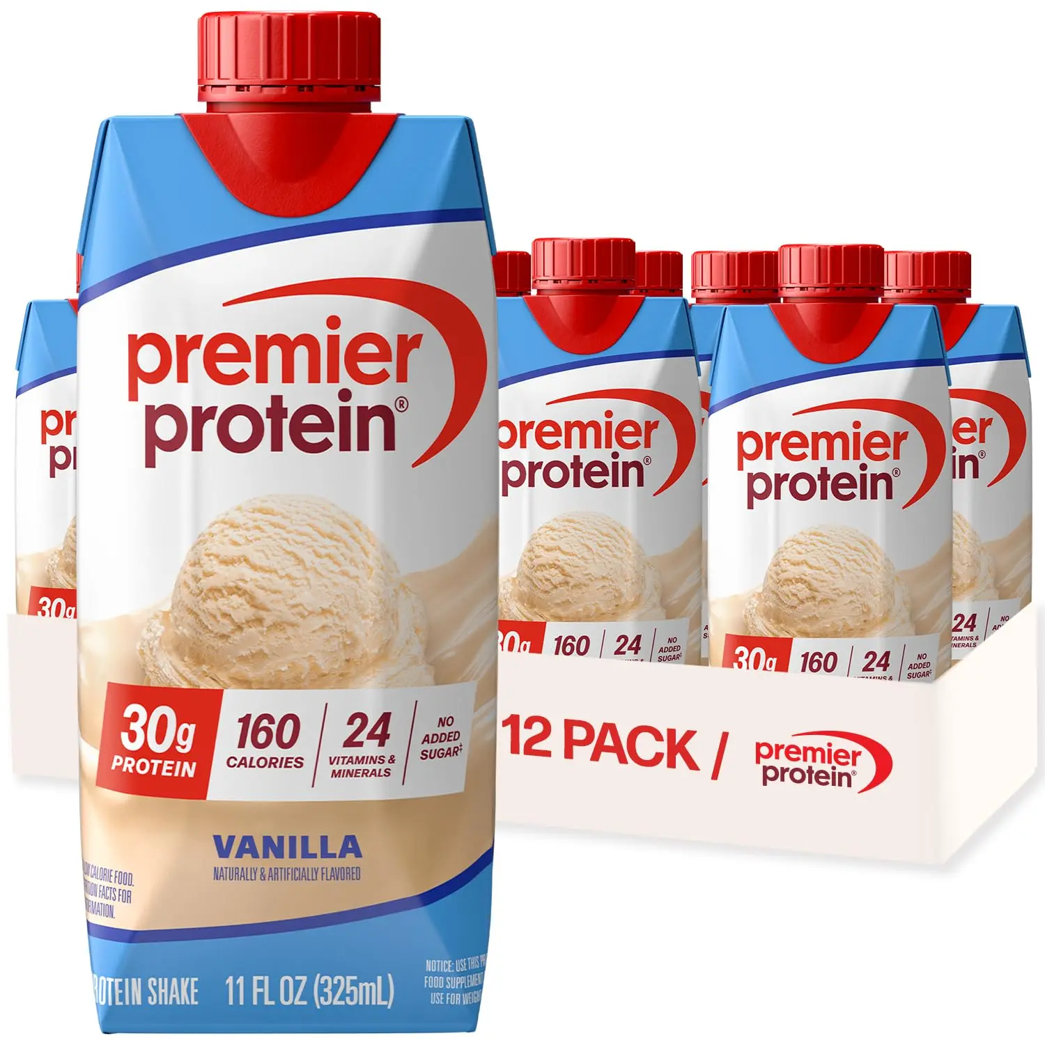 Premier Protein Shake, Vanilla, 30g Protein, No Added Sugar, 24 Vitamins & Minerals to Support Immune Health, 11 fl oz, 12 Pack