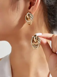 1pair Fashionable Gold Tone Metal Multi-Turn Knotted Design Stud Earrings For Women, Double Hoop Studs, Statement Dangling Earrings, Unique Earrings.(The Color Of The Product May Vary Slightly Under Different Displays/Lighting Conditions)