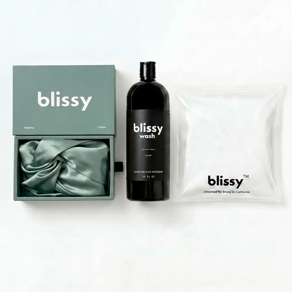 Blissy Silk Bonnet – Complete Care Kit – Blissy Wash + Mesh Bag – 100% Mulberry Silk Blissy Silk Bonnet – Complete Care Kit – Blissy Wash + Mesh Bag – 100% Mulberry Silk