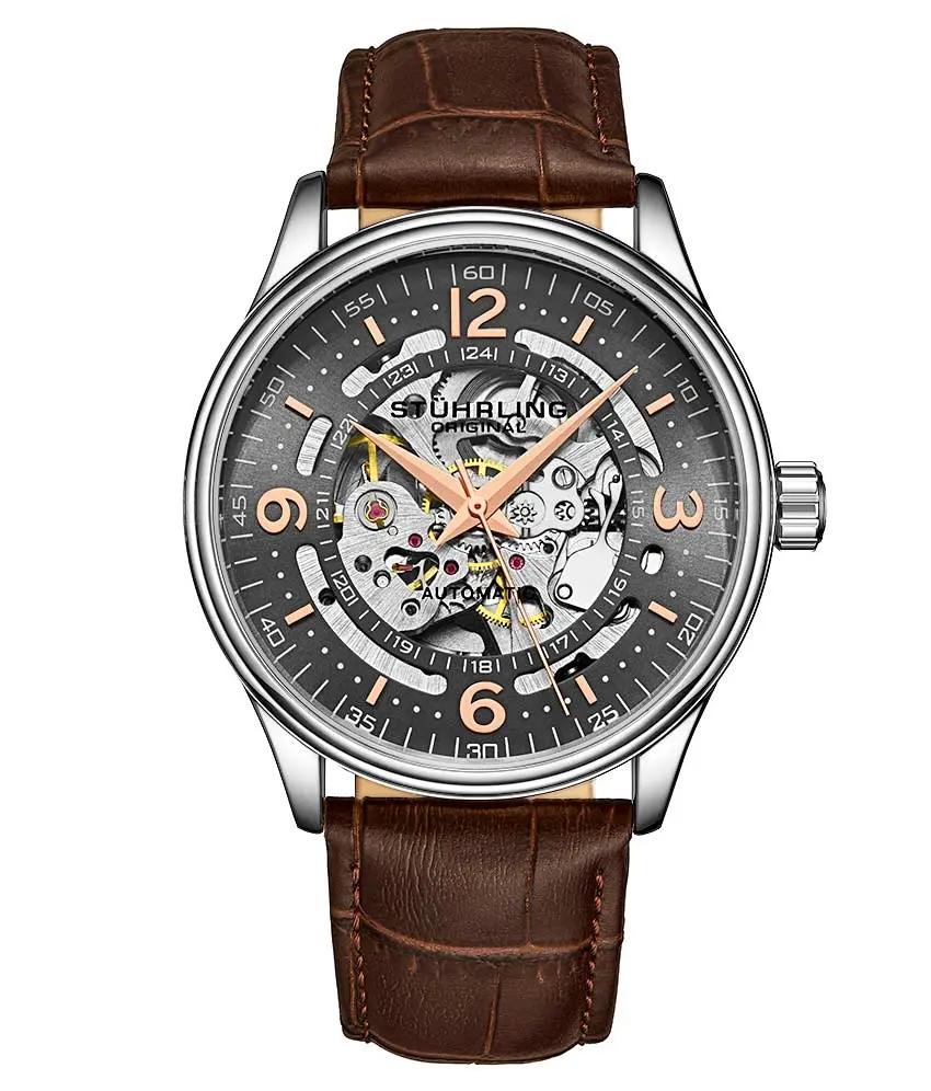 Stührling Denmark Men's 42mm Self-Winding Analog Mechanical Watch - Skeleton Design, Leather Band, Self Winding Watches, Skeleton Watch, Leather Strap Watch
