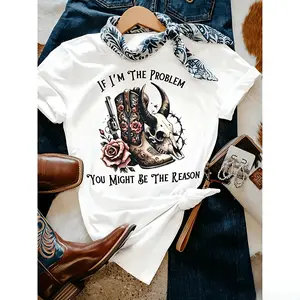 Western Cowgirl Style Graphic Print Women's TShirt Casual Crew Neck Short Sleeve Top for Spring and Summer with Cowgirl Print Design