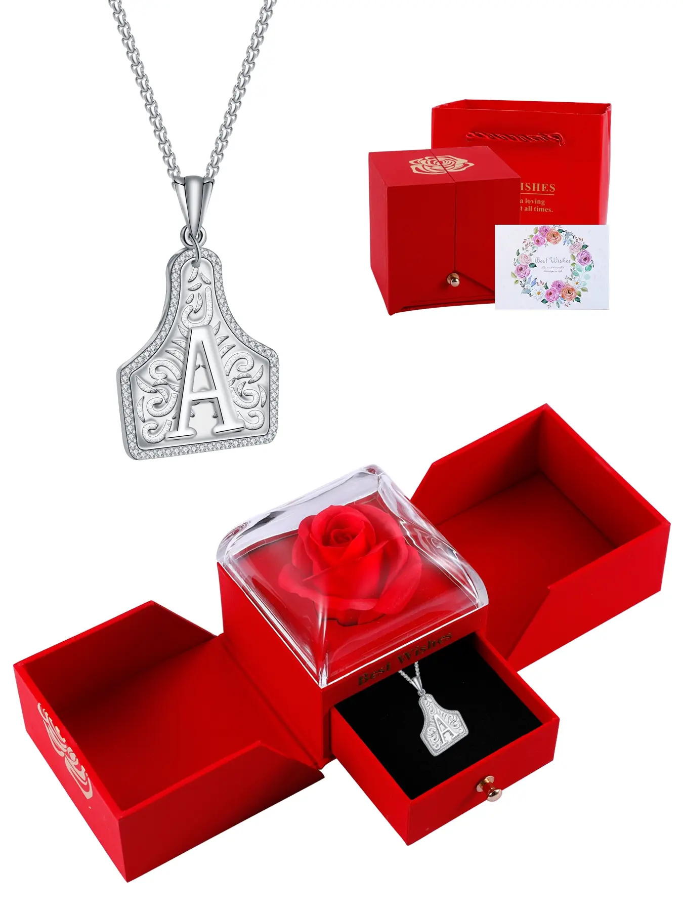 Western Cattle Tag Initial Necklace With Rose Jewelry Gift Box, Cowgirl Cowboy Letter Pendant Necklace for Women Men, Jewelry Gift for Daughter Boyfriend Girlfriend Mom, Initials Necklace, Alphabet Necklace