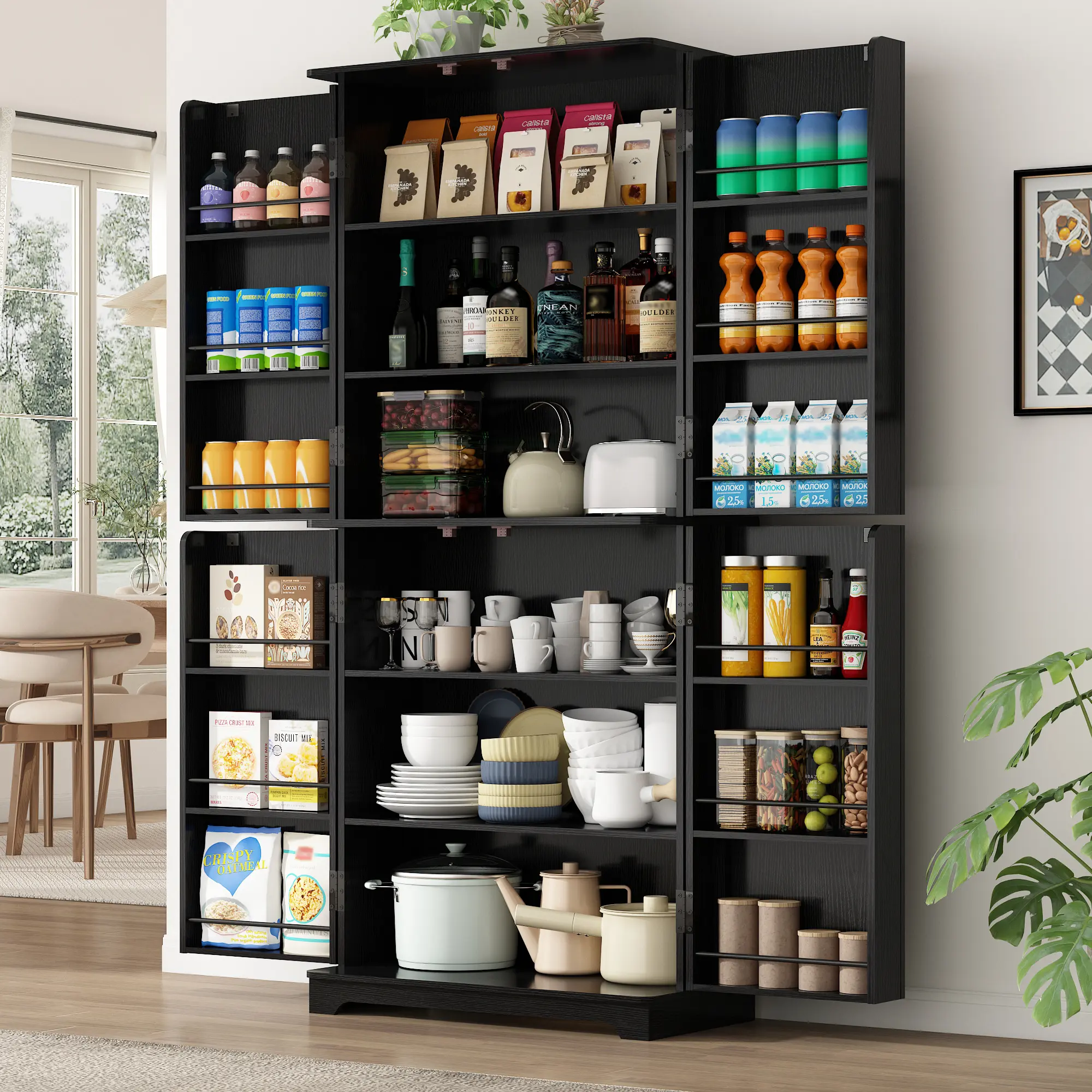 72in Tall Freestanding Modern Storage Cupboard Furniture - 4 Doors, Adjustable Shelves, Multi-Layer Organizer Storage Cabinet for Kitchen, Dining Room
