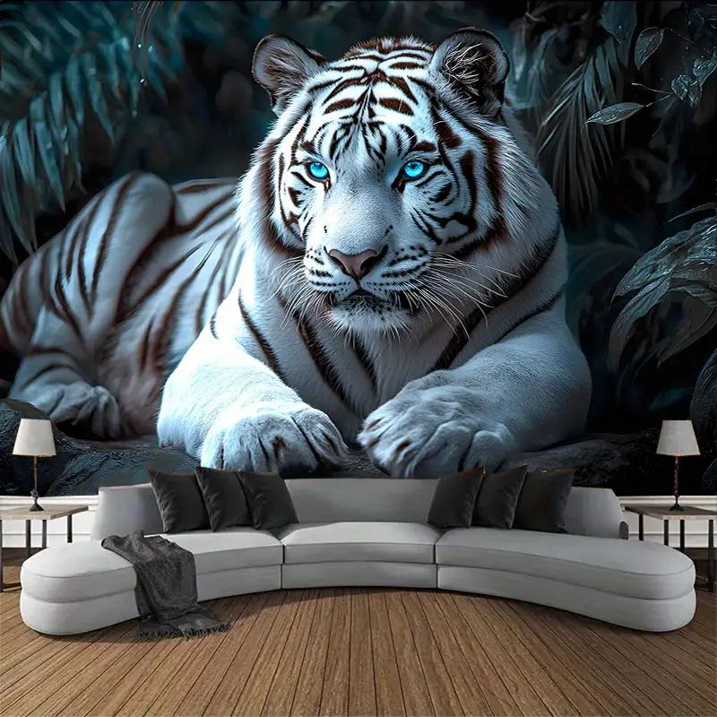 1pc White Tiger Print Wall Tapestry - Majestic Jungle Scene with Glowing Eyes, 85gsm Polyester Fabric, Perfect for Living Room & Bedroom Decor, Indoor Wall Hanging Art
