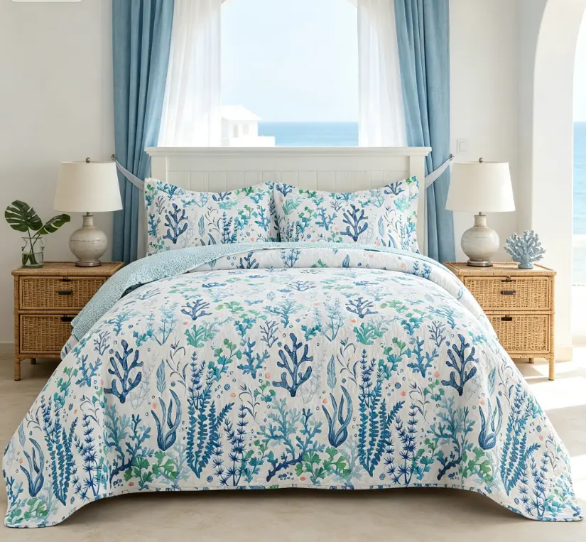 3-Piece Coastal Quilt Set - Ocean Coral & Seaweed Print Lightweight Reversible Bedspread with Pillow Shams, Soft Microfiber All Seasons Bedding for Bedroom Decor, Beach House Seaside Vibe, Queen/King Size